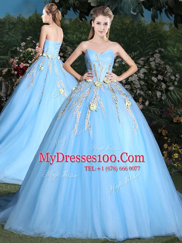 Glorious Sleeveless Tulle Brush Train Lace Up Sweet 16 Quinceanera Dress in Light Blue with Appliques