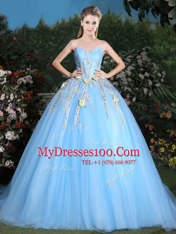 Glorious Sleeveless Tulle Brush Train Lace Up Sweet 16 Quinceanera Dress in Light Blue with Appliques
