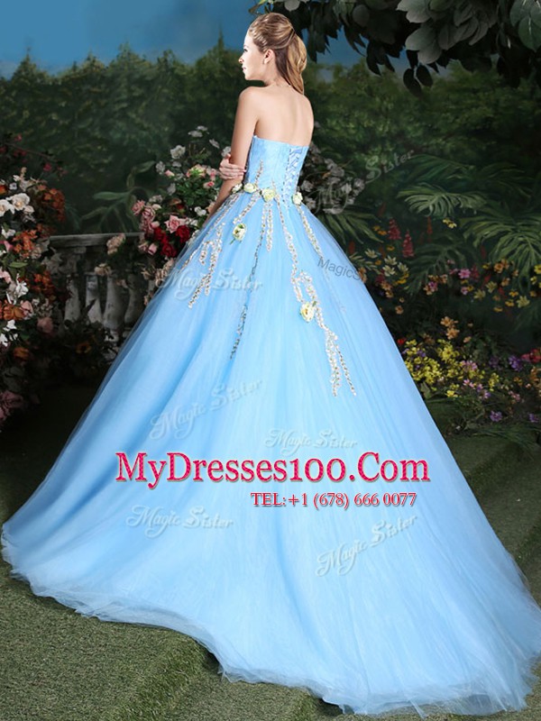 Glorious Sleeveless Tulle Brush Train Lace Up Sweet 16 Quinceanera Dress in Light Blue with Appliques