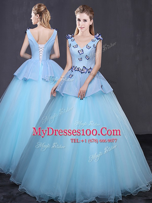 High Class V-neck Sleeveless Tulle Quinceanera Gowns Appliques Lace Up
