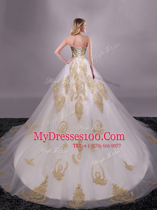 Fitting Sleeveless Brush Train Lace Up With Train Appliques Quinceanera Gowns
