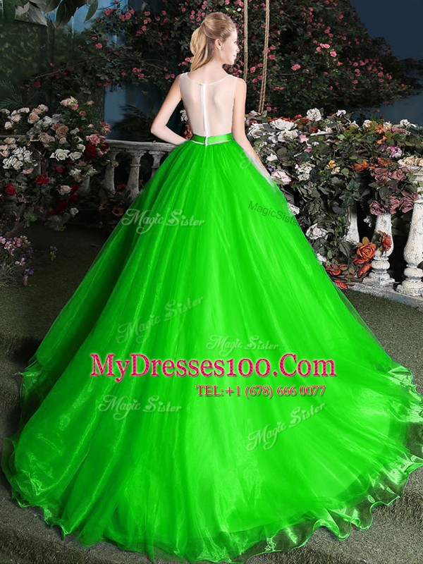 Scoop Zipper 15 Quinceanera Dress Appliques and Belt Sleeveless Brush Train