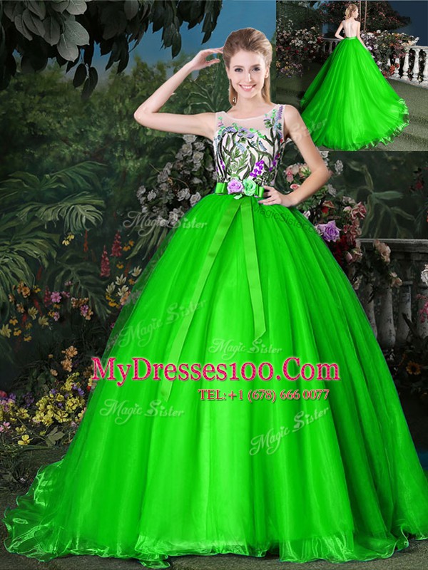 Scoop Zipper 15 Quinceanera Dress Appliques and Belt Sleeveless Brush Train