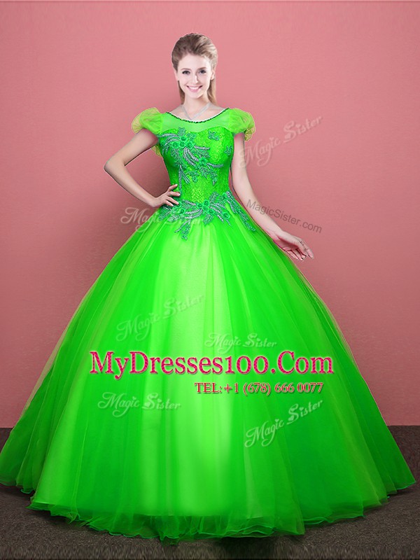 Scoop Tulle Lace Up Quince Ball Gowns Short Sleeves Floor Length Appliques