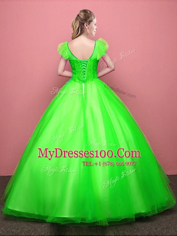 Scoop Tulle Lace Up Quince Ball Gowns Short Sleeves Floor Length Appliques