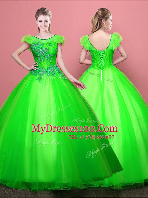Scoop Tulle Lace Up Quince Ball Gowns Short Sleeves Floor Length Appliques