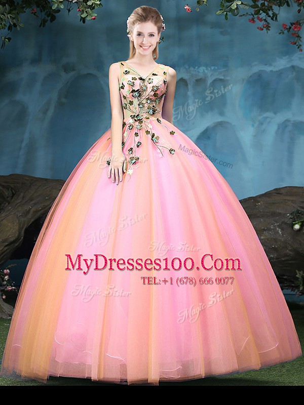 High End Floor Length Multi-color Vestidos de Quinceanera V-neck Sleeveless Lace Up