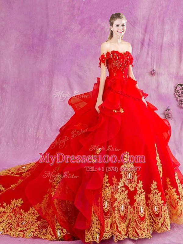Off the Shoulder Tulle Sleeveless With Train Quinceanera Gown Court Train and Beading and Appliques and Ruffles