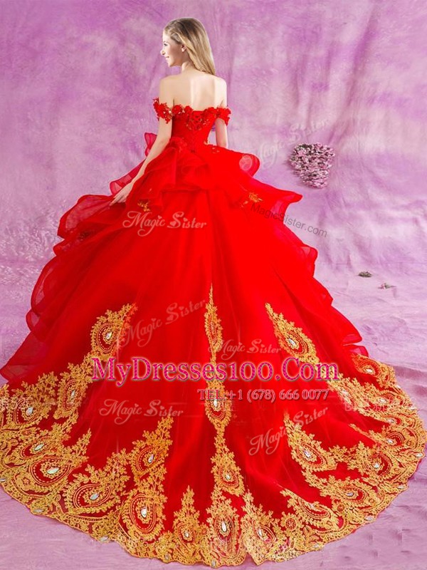 Off the Shoulder Tulle Sleeveless With Train Quinceanera Gown Court Train and Beading and Appliques and Ruffles