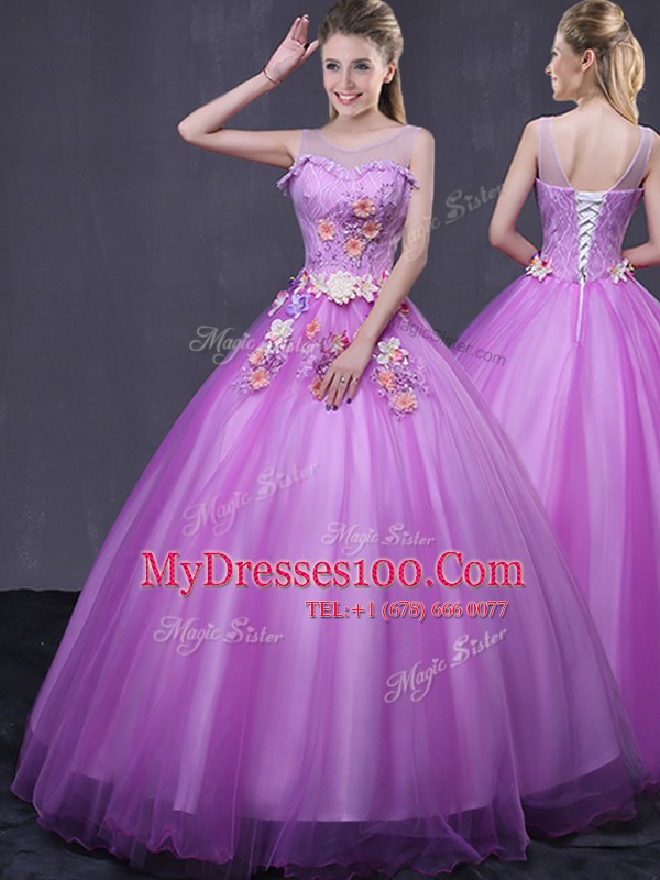 Artistic Scoop Lilac Sleeveless Tulle Lace Up Quinceanera Dresses for Military Ball and Sweet 16 and Quinceanera