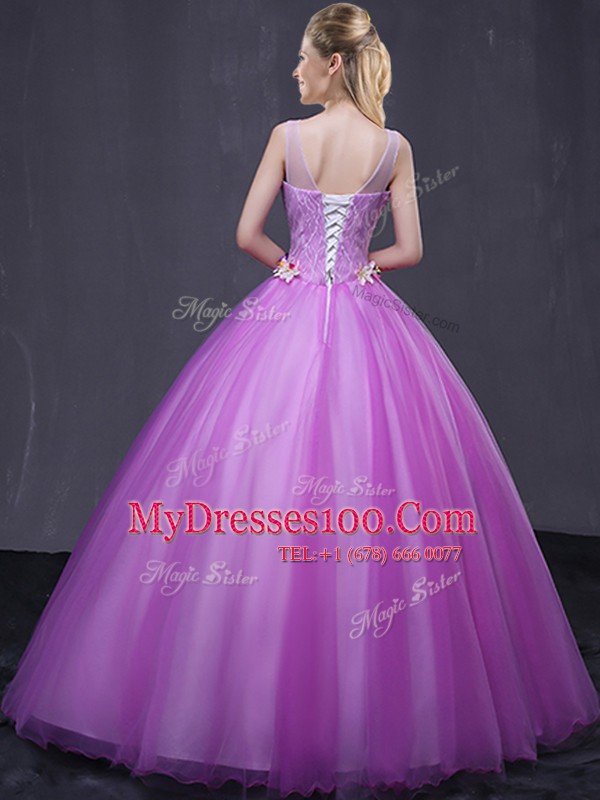 Artistic Scoop Lilac Sleeveless Tulle Lace Up Quinceanera Dresses for Military Ball and Sweet 16 and Quinceanera