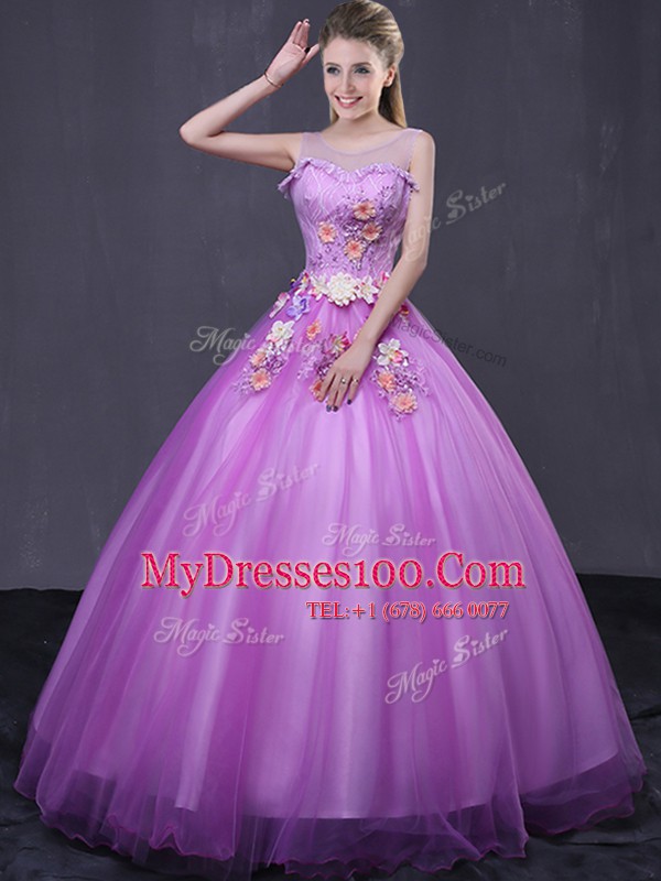 Artistic Scoop Lilac Sleeveless Tulle Lace Up Quinceanera Dresses for Military Ball and Sweet 16 and Quinceanera