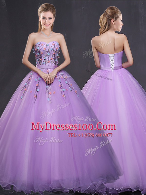 Fabulous Tulle Sweetheart Sleeveless Lace Up Appliques Quince Ball Gowns in Lavender