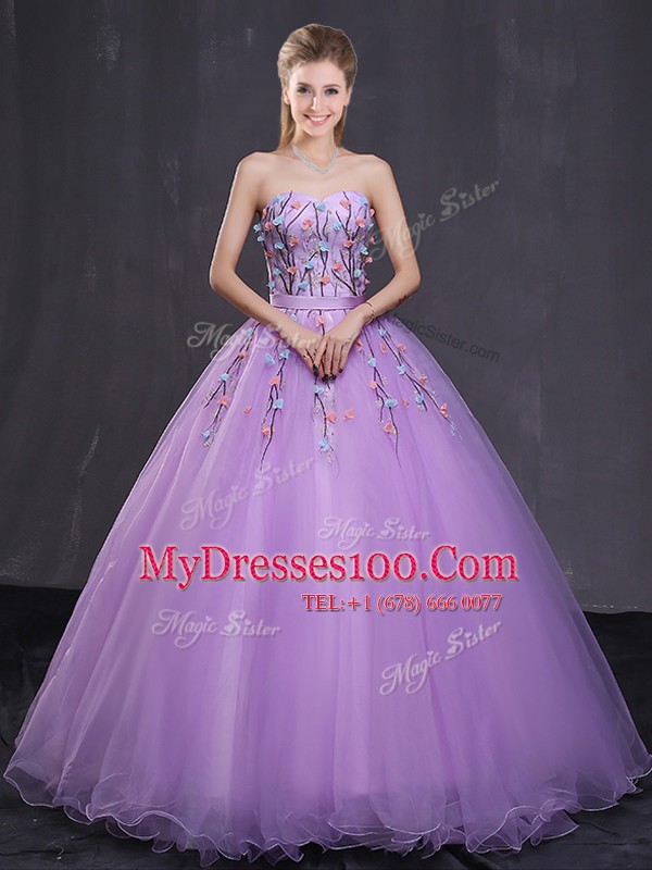 Fabulous Tulle Sweetheart Sleeveless Lace Up Appliques Quince Ball Gowns in Lavender