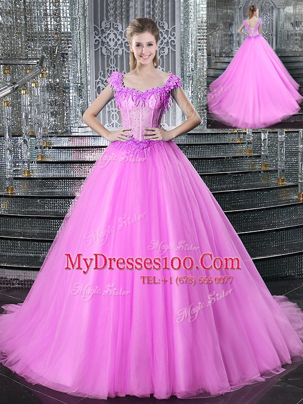 Pretty Straps Fuchsia Ball Gowns Beading and Appliques 15 Quinceanera Dress Lace Up Tulle Sleeveless With Train