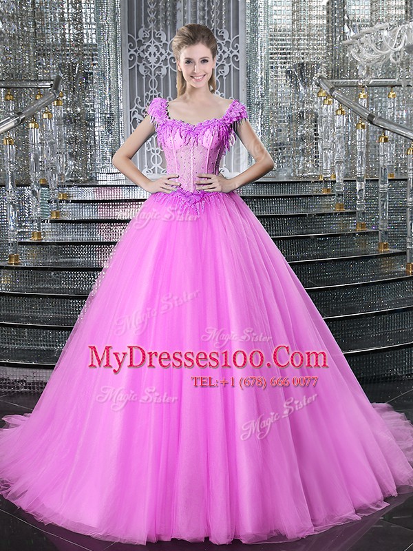 Pretty Straps Fuchsia Ball Gowns Beading and Appliques 15 Quinceanera Dress Lace Up Tulle Sleeveless With Train