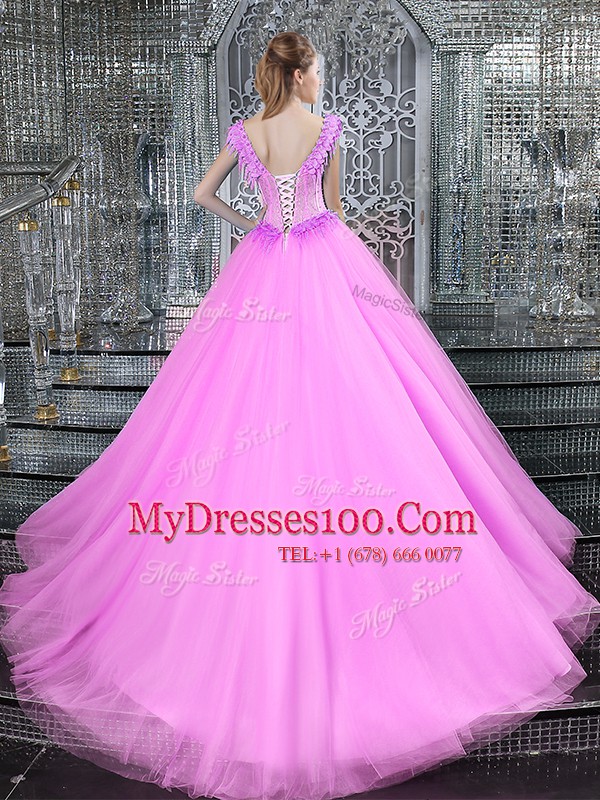 Pretty Straps Fuchsia Ball Gowns Beading and Appliques 15 Quinceanera Dress Lace Up Tulle Sleeveless With Train
