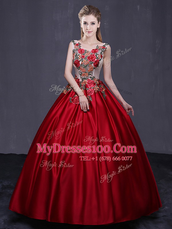 Scoop Wine Red Sleeveless Floor Length Appliques Lace Up 15th Birthday Dress