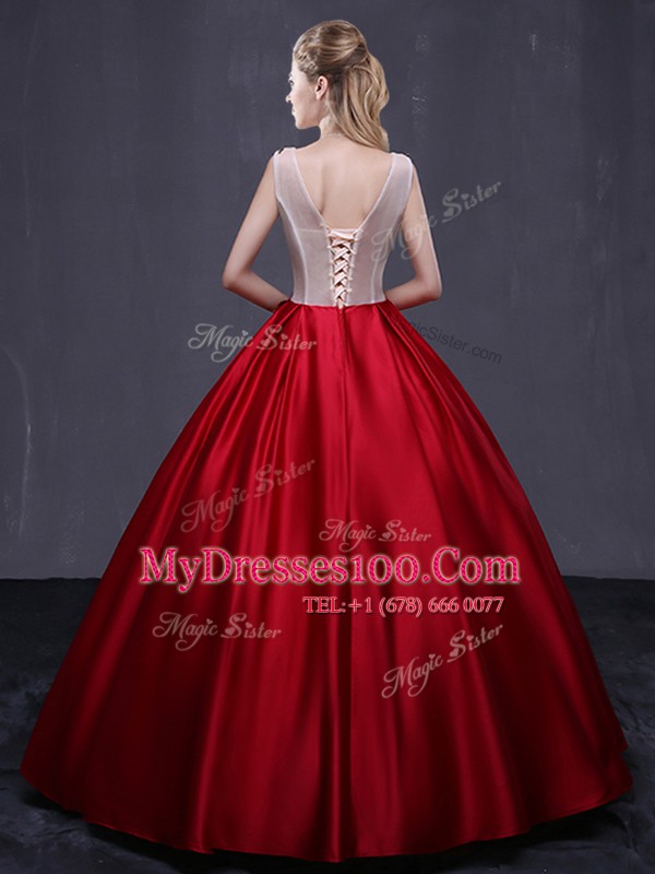 Scoop Wine Red Sleeveless Floor Length Appliques Lace Up 15th Birthday Dress