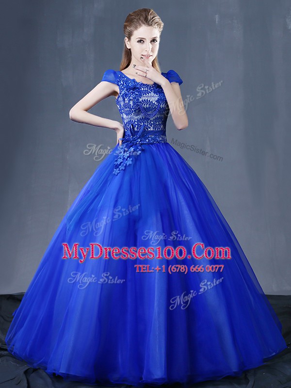 V-neck Short Sleeves Lace Up Ball Gown Prom Dress Royal Blue Organza