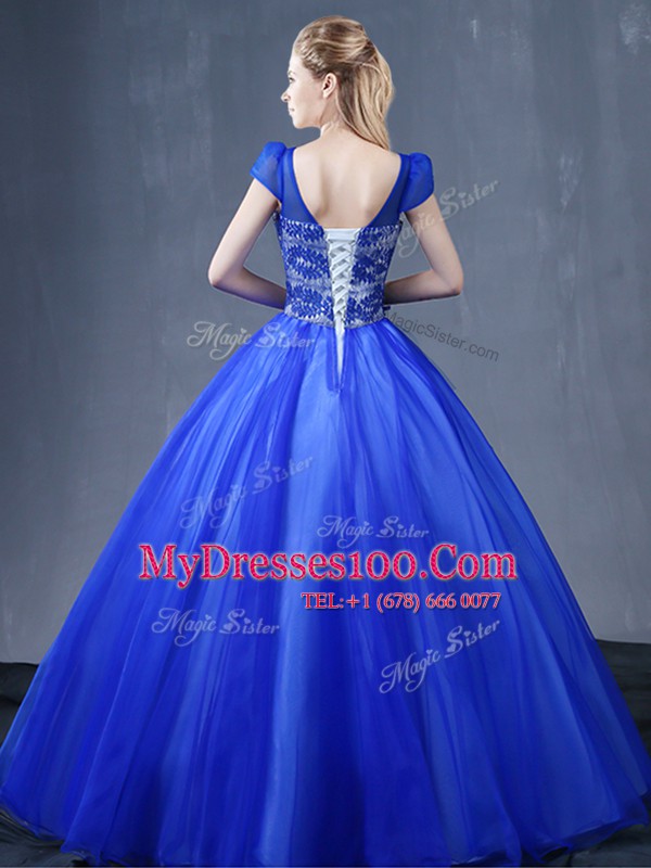 V-neck Short Sleeves Lace Up Ball Gown Prom Dress Royal Blue Organza