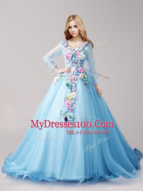 Long Sleeves Tulle Brush Train Lace Up Quince Ball Gowns in Baby Blue with Hand Made Flower