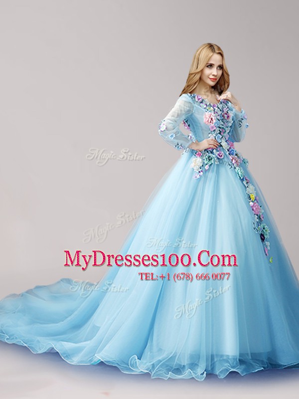 Long Sleeves Tulle Brush Train Lace Up Quince Ball Gowns in Baby Blue with Hand Made Flower