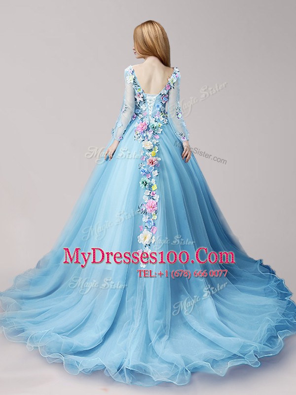 Long Sleeves Tulle Brush Train Lace Up Quince Ball Gowns in Baby Blue with Hand Made Flower