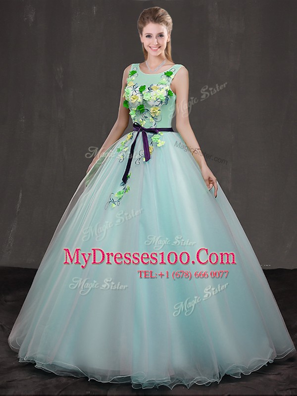 Scoop Sleeveless Organza Floor Length Lace Up Sweet 16 Quinceanera Dress in Apple Green with Appliques