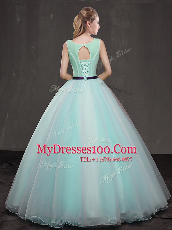 Scoop Sleeveless Organza Floor Length Lace Up Sweet 16 Quinceanera Dress in Apple Green with Appliques