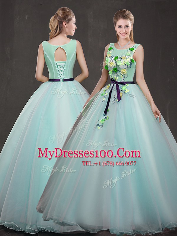 Scoop Sleeveless Organza Floor Length Lace Up Sweet 16 Quinceanera Dress in Apple Green with Appliques