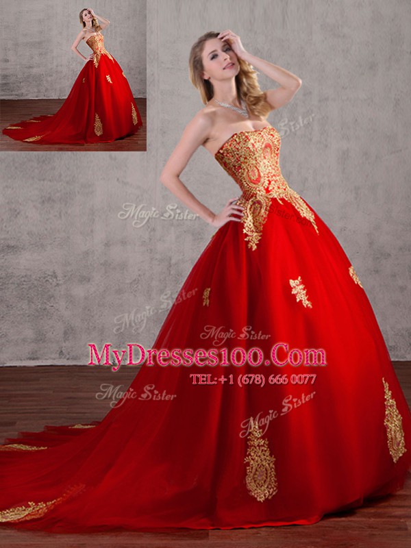 Ideal Tulle Sleeveless With Train Quinceanera Gown Court Train and Appliques
