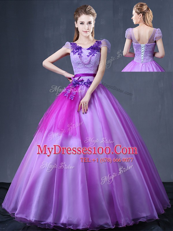 Enchanting Lavender Lace Up Sweet 16 Quinceanera Dress Lace and Appliques Short Sleeves Floor Length