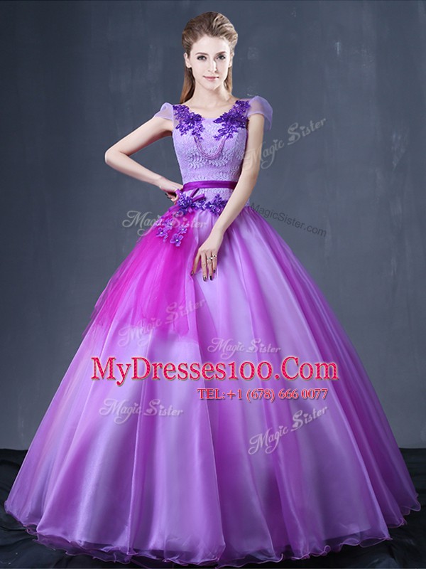 Enchanting Lavender Lace Up Sweet 16 Quinceanera Dress Lace and Appliques Short Sleeves Floor Length