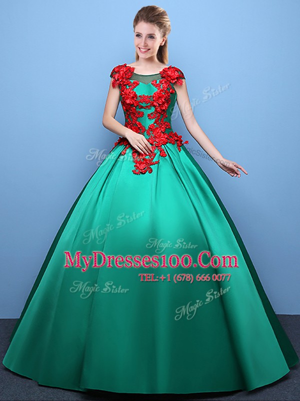 Discount Green Ball Gowns Scoop Cap Sleeves Satin Floor Length Lace Up Appliques Sweet 16 Quinceanera Dress
