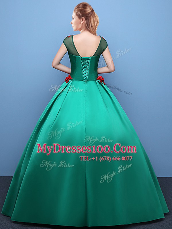 Discount Green Ball Gowns Scoop Cap Sleeves Satin Floor Length Lace Up Appliques Sweet 16 Quinceanera Dress