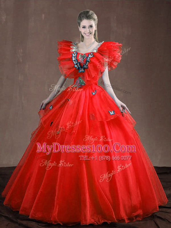 Flare Red Sweetheart Lace Up Appliques and Ruffles Sweet 16 Dresses Sleeveless