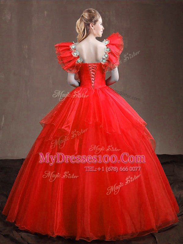 Flare Red Sweetheart Lace Up Appliques and Ruffles Sweet 16 Dresses Sleeveless