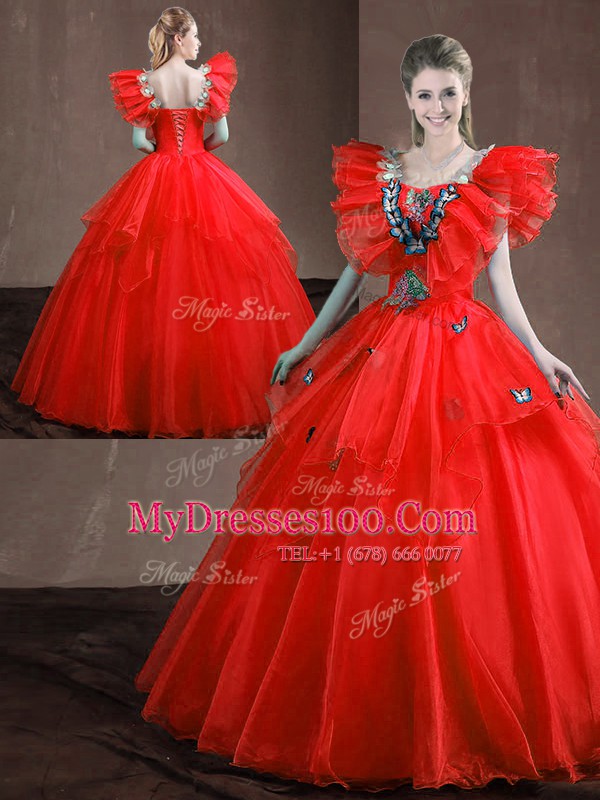 Flare Red Sweetheart Lace Up Appliques and Ruffles Sweet 16 Dresses Sleeveless