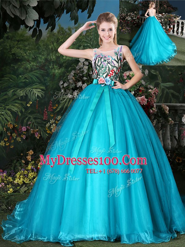 Exquisite Scoop Sleeveless Brush Train Appliques and Belt Zipper Quinceanera Dress
