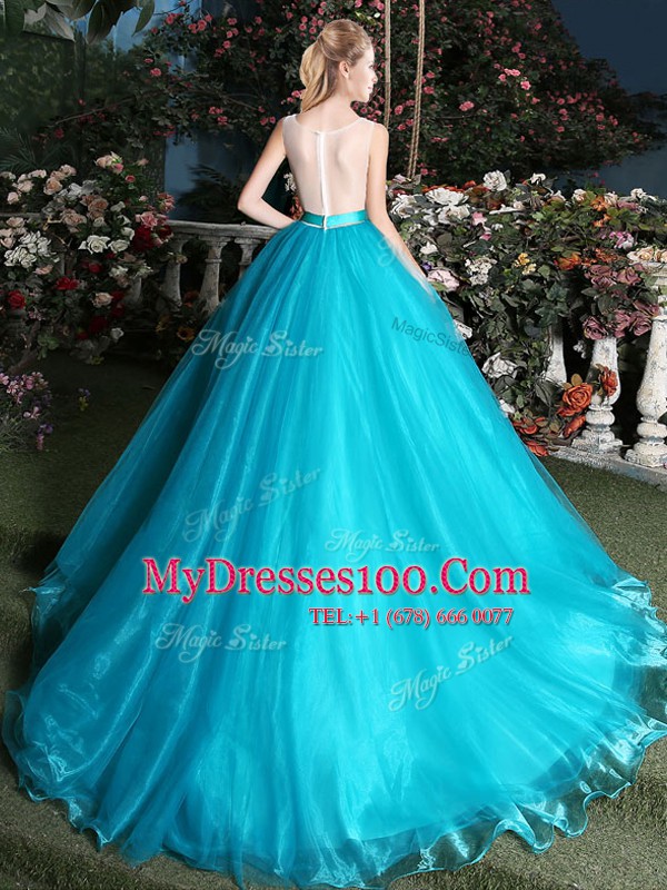 Exquisite Scoop Sleeveless Brush Train Appliques and Belt Zipper Quinceanera Dress