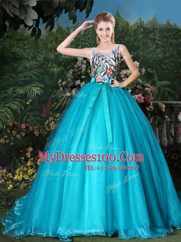 Exquisite Scoop Sleeveless Brush Train Appliques and Belt Zipper Quinceanera Dress