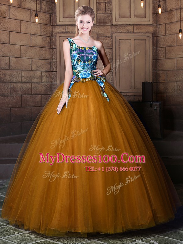 One Shoulder Floor Length Brown 15 Quinceanera Dress Tulle Sleeveless Pattern