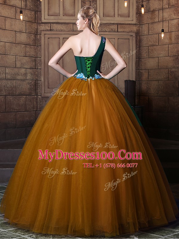 One Shoulder Floor Length Brown 15 Quinceanera Dress Tulle Sleeveless Pattern