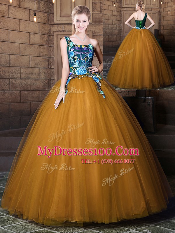 One Shoulder Floor Length Brown 15 Quinceanera Dress Tulle Sleeveless Pattern