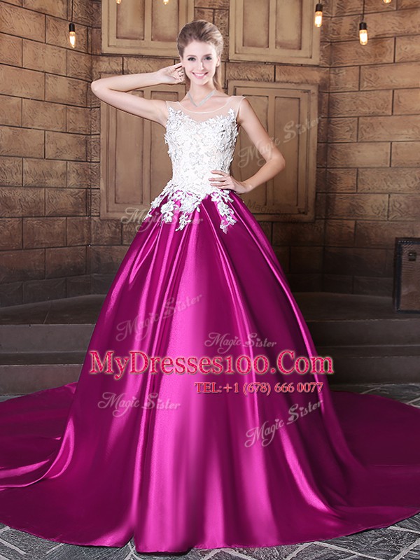 Best Selling Scoop Sleeveless Court Train Lace Up Ball Gown Prom Dress Fuchsia Elastic Woven Satin