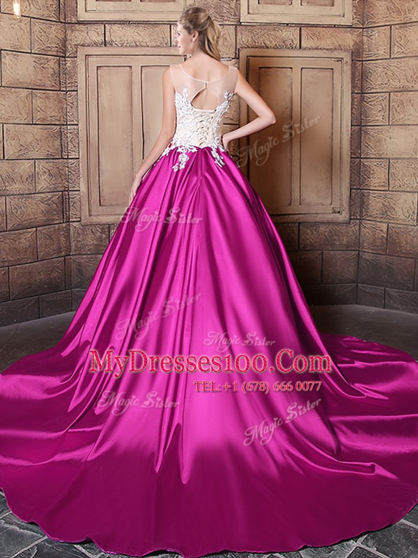 Best Selling Scoop Sleeveless Court Train Lace Up Ball Gown Prom Dress Fuchsia Elastic Woven Satin