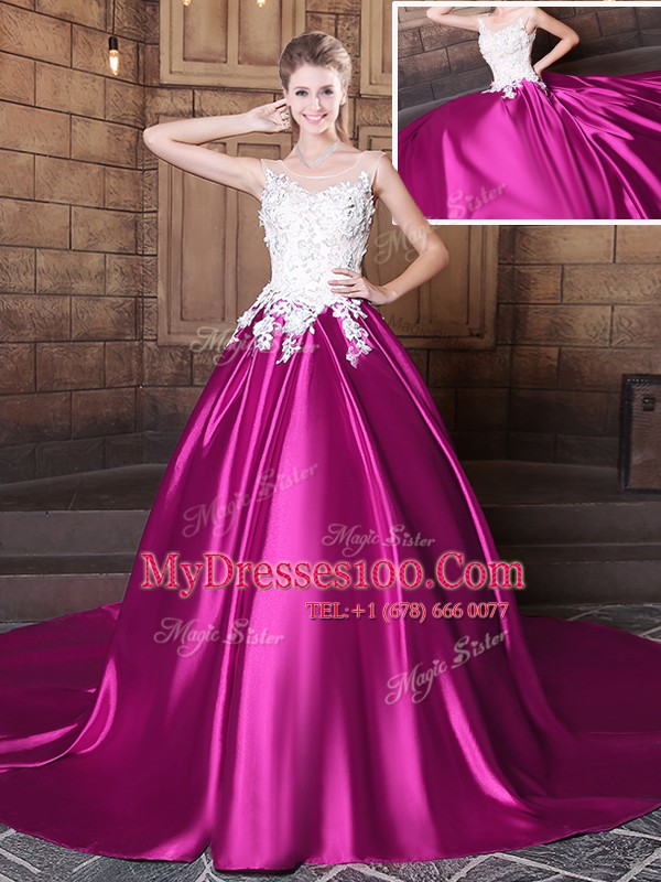 Best Selling Scoop Sleeveless Court Train Lace Up Ball Gown Prom Dress Fuchsia Elastic Woven Satin