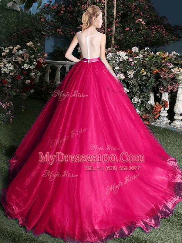 Most Popular Scoop Sleeveless Organza Brush Train Zipper Quince Ball Gowns in Hot Pink with Appliques and Belt