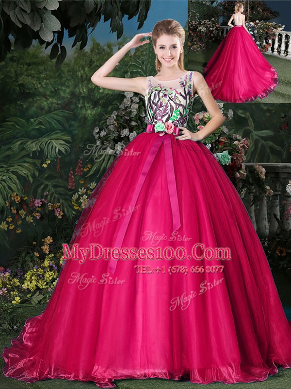 Most Popular Scoop Sleeveless Organza Brush Train Zipper Quince Ball Gowns in Hot Pink with Appliques and Belt